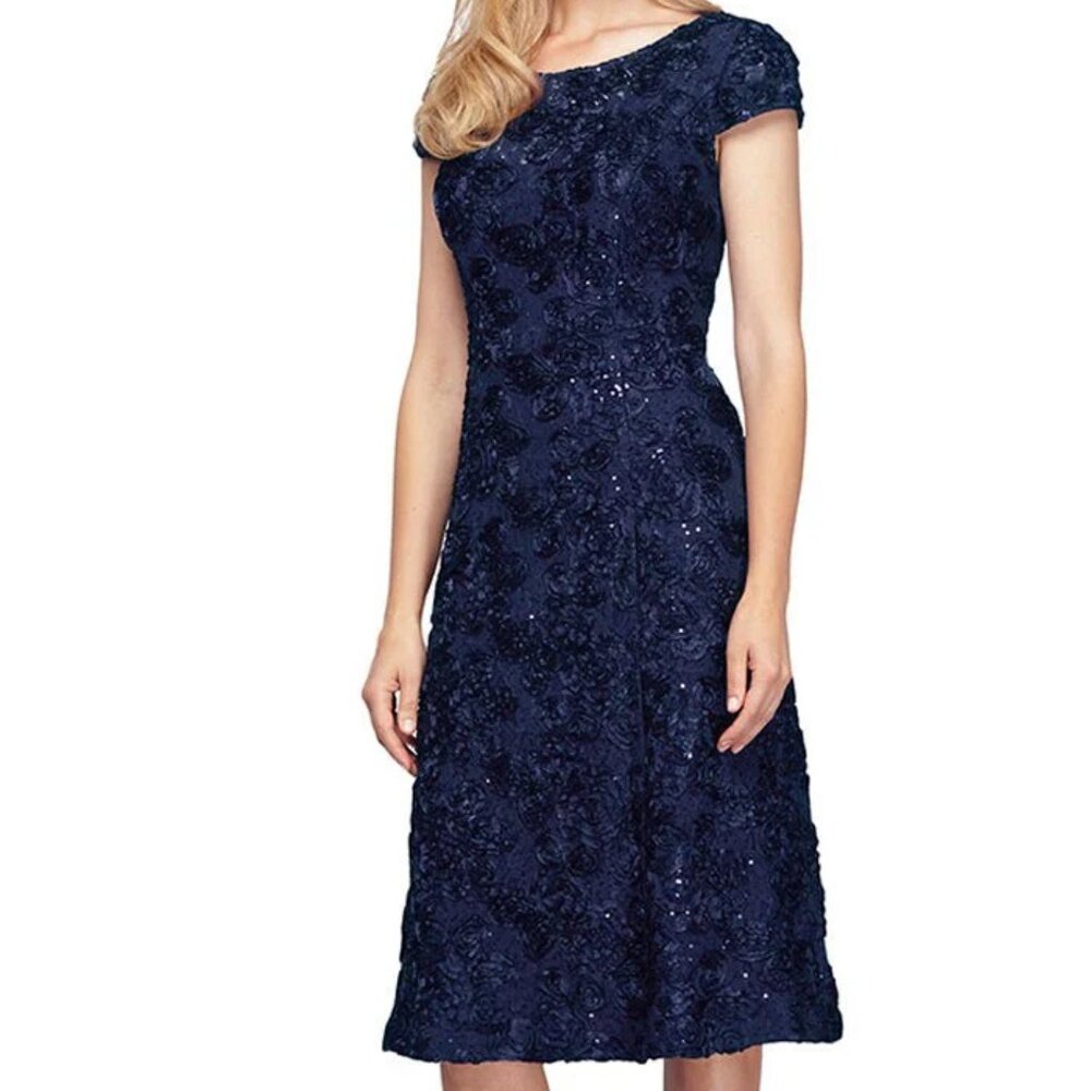 Rosette Sequin Lace Tea-Length Cocktail Dress with Cap Sleeves